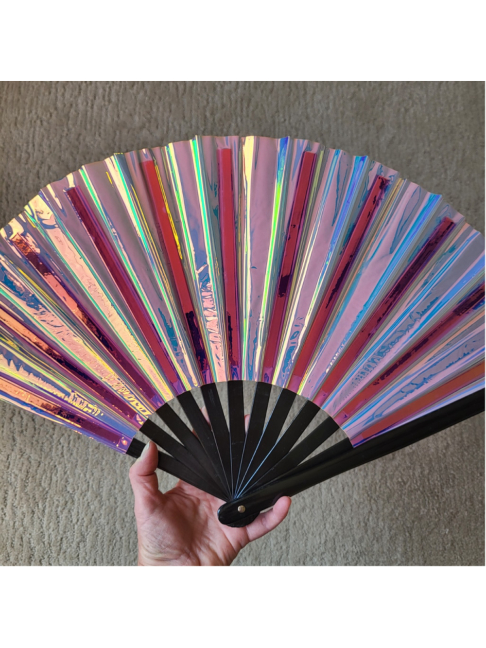 Women's Pink Holographic Iridescent Folding Hand Fan – 23" Wide – NIP